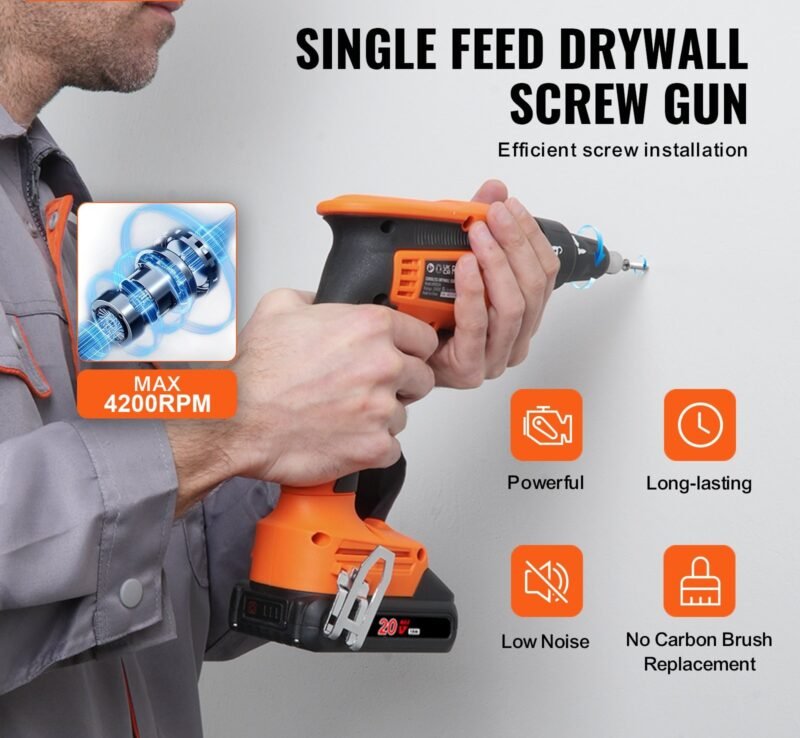 Parafusadeira Drywall 20V, 4200 RPM, Sem Escovas, Alimentação Automática, com 2 Baterias e Clipe de Cinto
