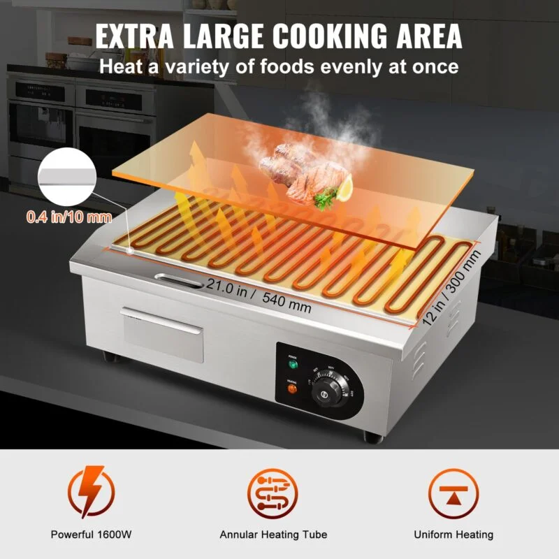 Placa de Grelhar Elétrica de Gastronomia 3000W Aço Inoxidável 54x30x1cm