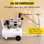 Compressor Whisper 30L, 850W, sem óleo, 115PSI, 58dB, 1440RPM, branco, ideal para oficina e pneus.