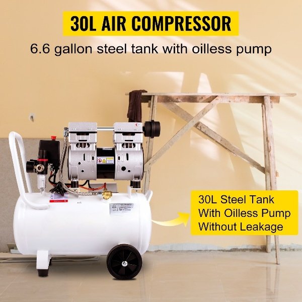 Compressor Whisper 30L, 850W, sem óleo, 115PSI, 58dB, 1440RPM, branco, ideal para oficina e pneus.
