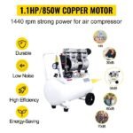 Compressor Whisper 30L, 850W, sem óleo, 115PSI, 58dB, 1440RPM, branco, ideal para oficina e pneus.