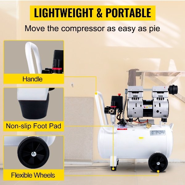Compressor Whisper 30L, 850W, sem óleo, 115PSI, 58dB, 1440RPM, branco, ideal para oficina e pneus.