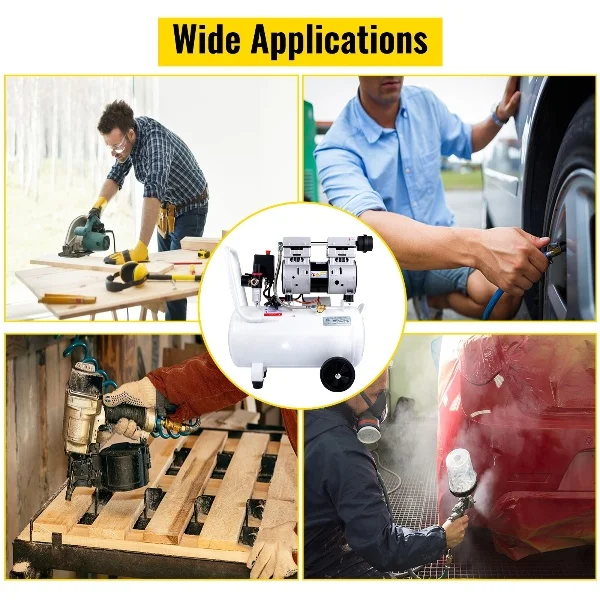 Compressor Whisper 30L, 850W, sem óleo, 115PSI, 58dB, 1440RPM, branco, ideal para oficina e pneus.