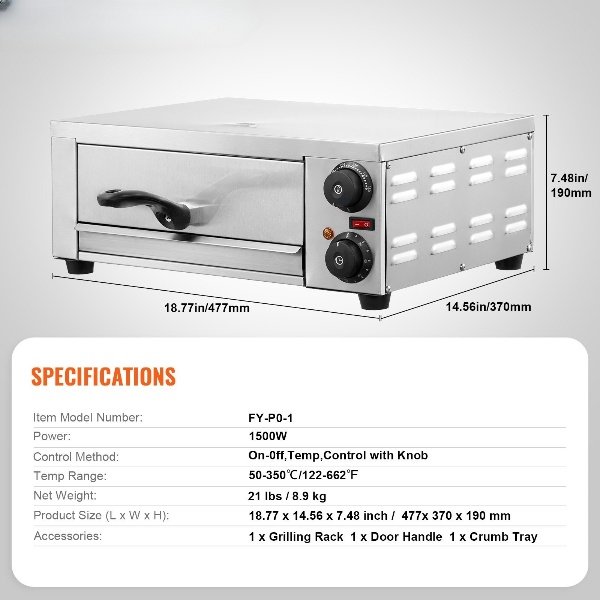 Forno de Pizza Comercial Elétrico 305mm em Aço Inoxidável com 2 Botões