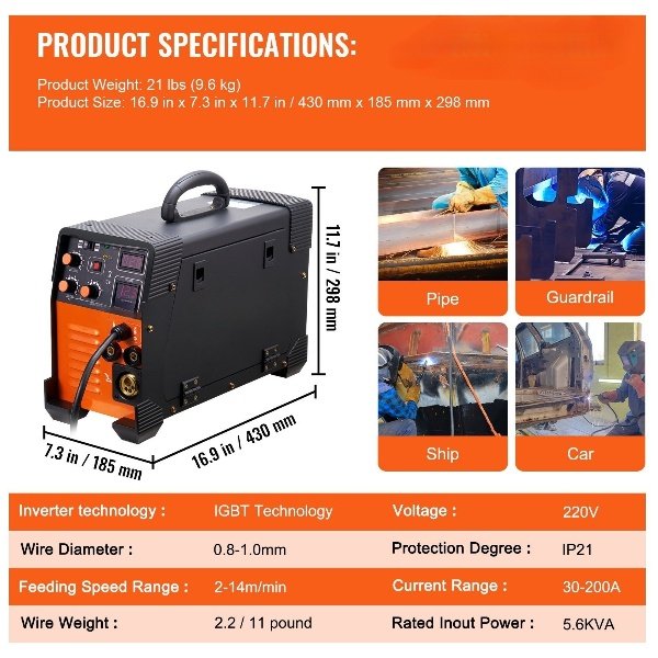 Máquina de solda 3 em 1 MIG/MMA/TIG 50-250 A, IGBT, 5,6 kVA.