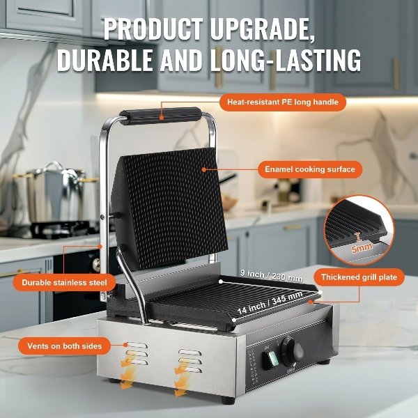 Prensa Panini Grill Sandwich Maker Grill de Contato Comercial 23x23cm