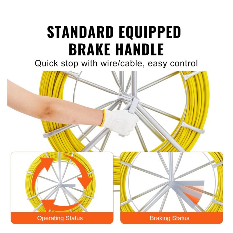 Roda de Cabo de Fibra de Vidro Ø6,35mm x 129,5m, com carretel de aço, luvas e cabeçotes metálicos para passagem de cabos.