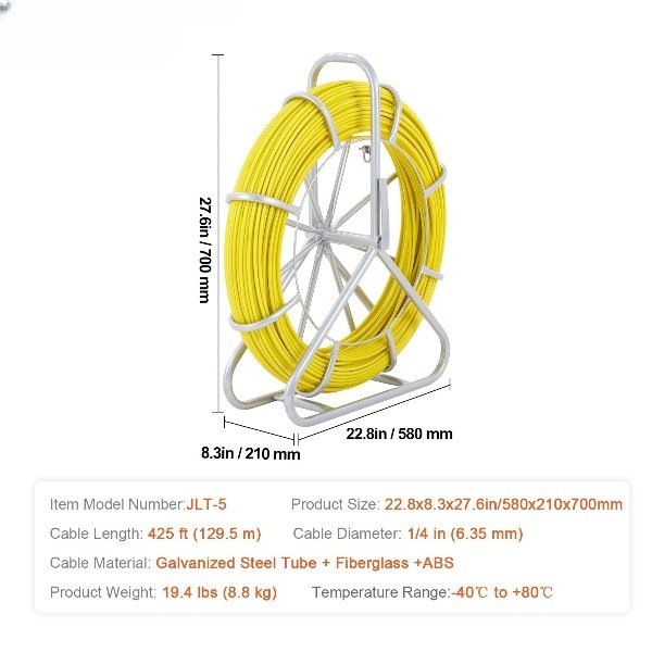 Roda de Cabo de Fibra de Vidro Ø6,35mm x 129,5m, com carretel de aço, luvas e cabeçotes metálicos para passagem de cabos.