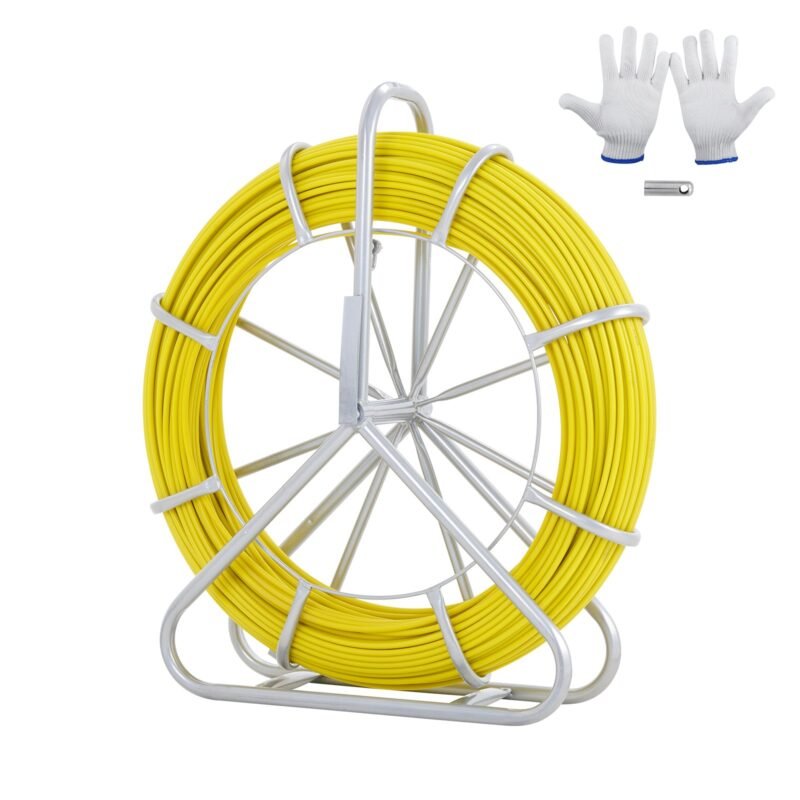 Roda de Cabo de Fibra de Vidro Ø6,35mm x 129,5m, com carretel de aço, luvas e cabeçotes metálicos para passagem de cabos.
