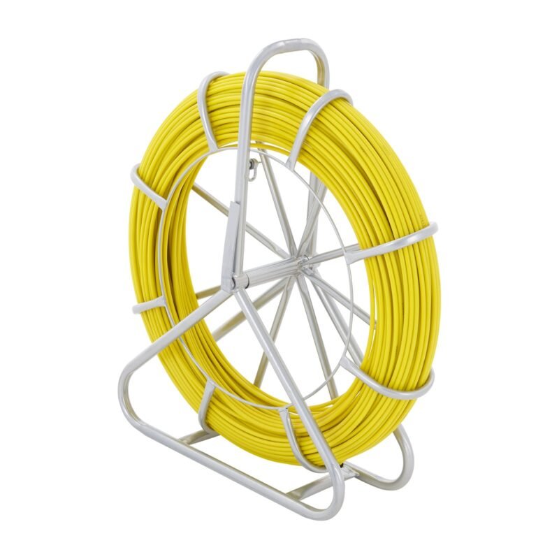 Roda de Cabo de Fibra de Vidro Ø6,35mm x 129,5m, com carretel de aço, luvas e cabeçotes metálicos para passagem de cabos.