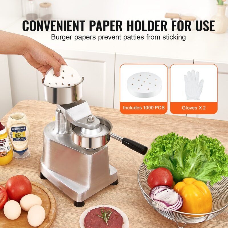 Prensa Comercial para Hambúrguer 10/13/15 cm, em Aço Inoxidável, com 3 Pacotes de Papel.