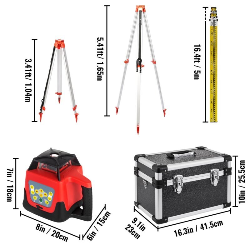 Laser rotativo 500m, 360°, à prova d'água, 20h, com tripé e régua.
