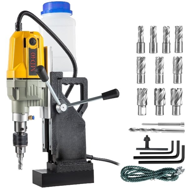 Furadeira Magnética 1100W, 12000N, 12 brocas, 55mm de profundidade, para construção de navios e aço industrial.