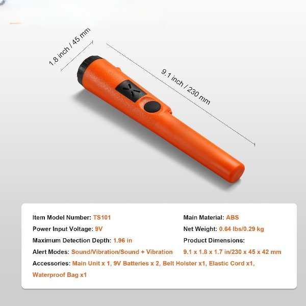 Pinpointer IP68 à prova d'água - 3 modos, bateria 9V, com bolsa.