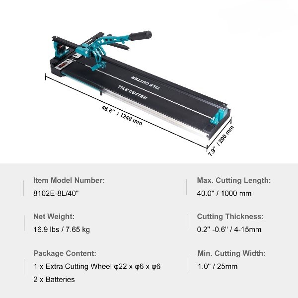 Cortador de azulejos profissional 1000mm, corte de 4-15mm, largura mínima de 25mm, com acessórios adicionais.