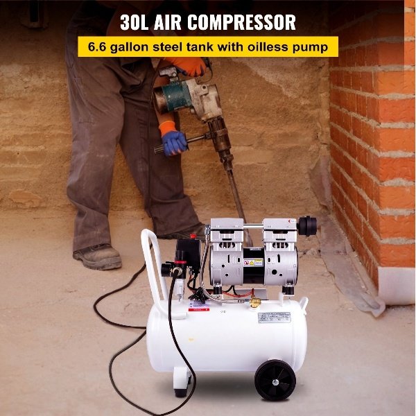 Compressor Whisper 30L, 850W, sem óleo, 115PSI, 58dB, 1440RPM, branco, ideal para oficina e pneus.
