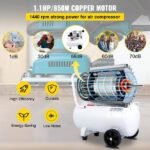Compressor Whisper 30L, 850W, sem óleo, 115PSI, 58dB, 1440RPM, branco, ideal para oficina e pneus.