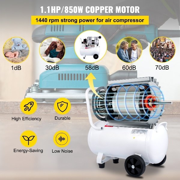Compressor Whisper 30L, 850W, sem óleo, 115PSI, 58dB, 1440RPM, branco, ideal para oficina e pneus.