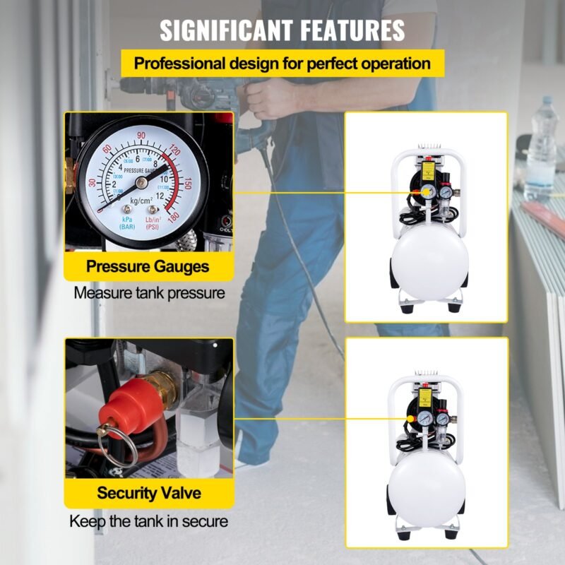 Compressor Whisper 30L, 850W, sem óleo, 115PSI, 58dB, 1440RPM, branco, ideal para oficina e pneus.