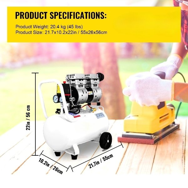 Compressor Whisper 30L, 850W, sem óleo, 115PSI, 58dB, 1440RPM, branco, ideal para oficina e pneus.