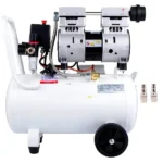 Compressor Whisper 30L, 850W, sem óleo, 115PSI, 58dB, 1440RPM, branco, ideal para oficina e pneus.