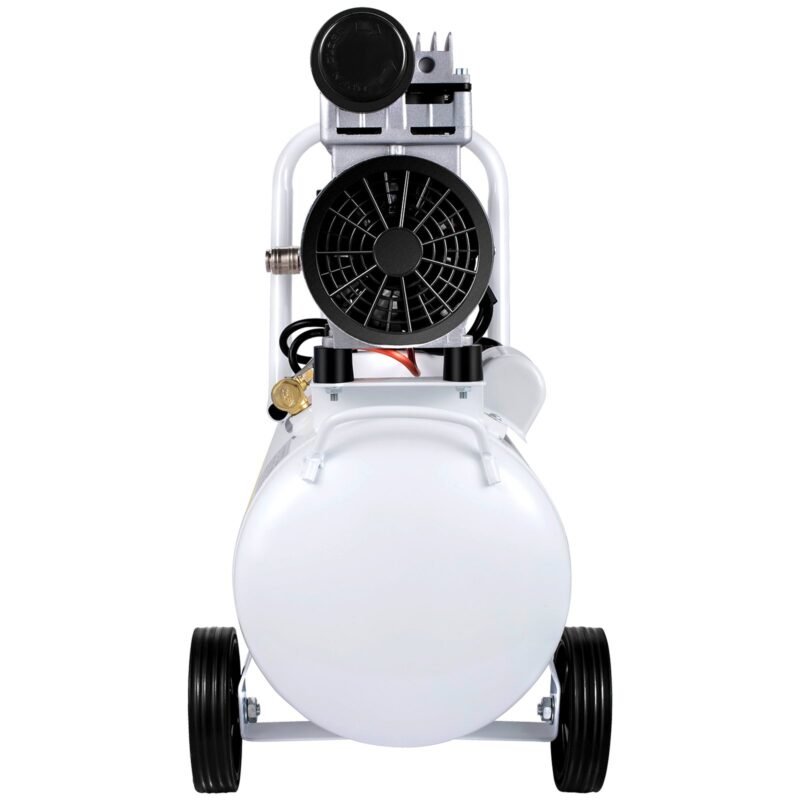 Compressor Whisper 30L, 850W, sem óleo, 115PSI, 58dB, 1440RPM, branco, ideal para oficina e pneus.