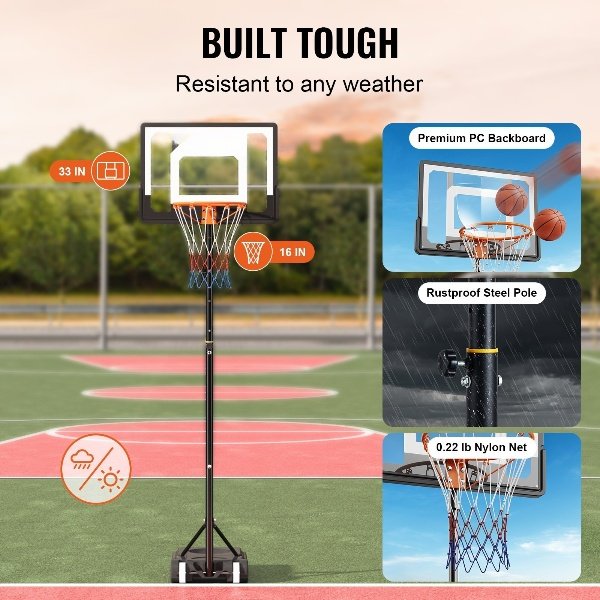 Cesta de Basquete Ajustável 152,4-213,4 cm, Sistema Móvel Resistente à Intempérie