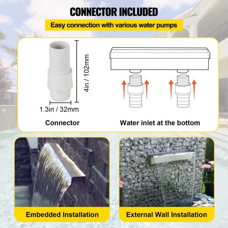 Chuveiro Cascata para Piscina, Fonte de Aço Inoxidável, 30 x 60 x 45 cm