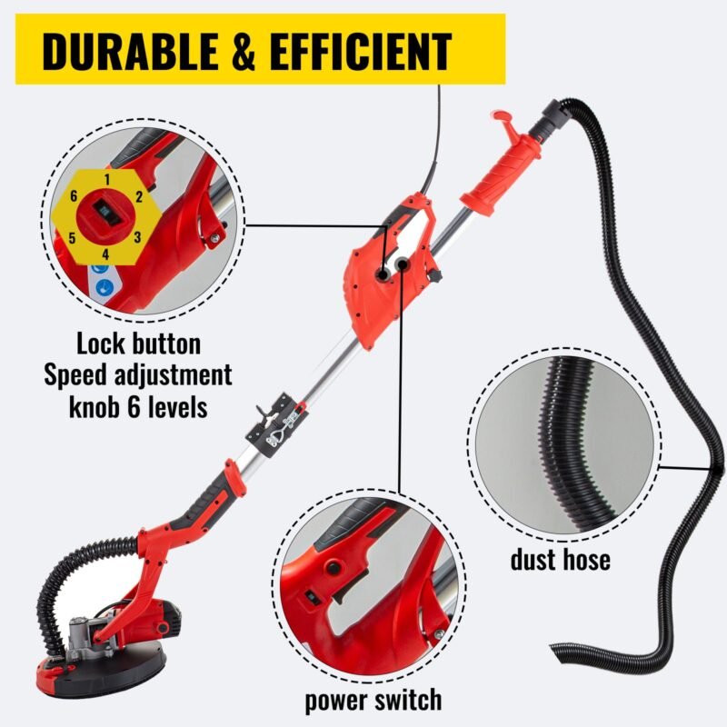 Lixadeira Excentrica 225mm, 750W, para drywall, com saco de vácuo, luvas e óculos de proteção.