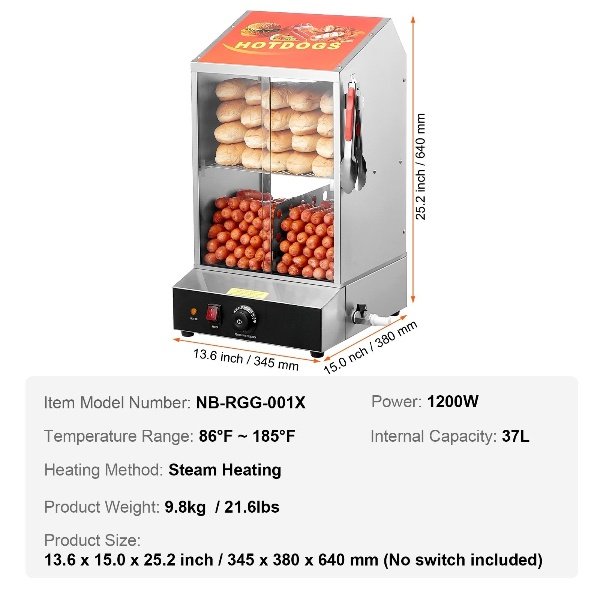 Vaporizeiro de Cachorro Quente e Aquecedor de Pão 2 Andares 37L Elétrico Comercial