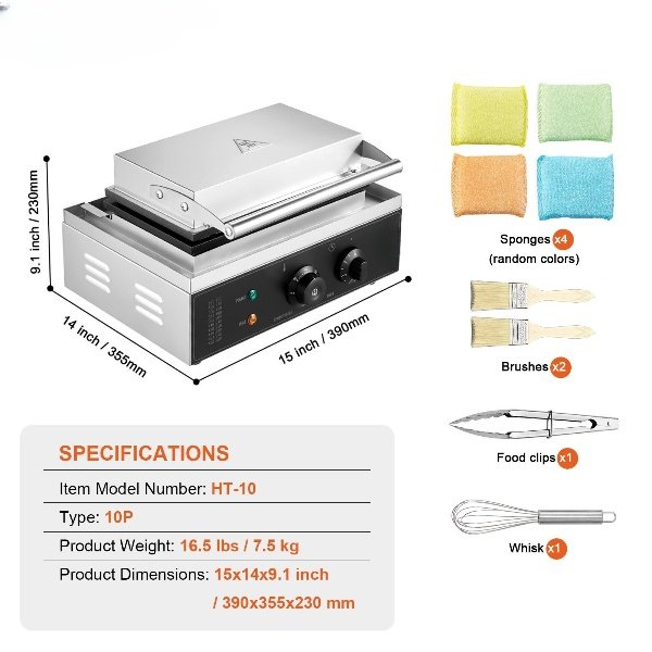 Máquina de Waffle Comercial Ferro de Waffle 1550W 10 Waffles Retangulares Prata