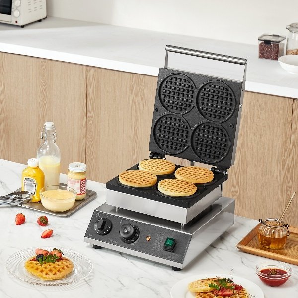 Máquina de Waffle Comercial Ferro de Waffle 1750W 4 Waffles Redondos