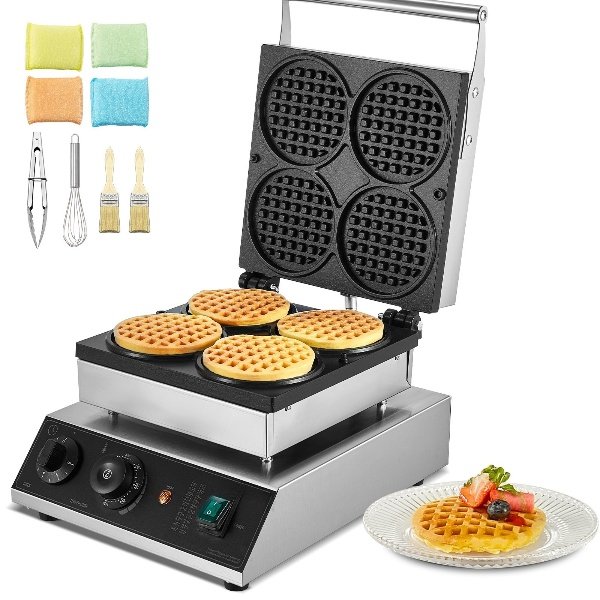 Máquina de Waffle Comercial Ferro de Waffle 1750W 4 Waffles Redondos