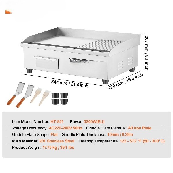 Grelha Elétrica Comercial 2000W, Chapa de Bancada Flat 10mm