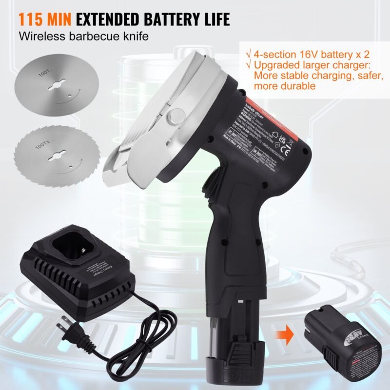 Cortador de Doner 80 W, Faca Elétrica Sem Fio, Espessura 0-8 mm, Lâmina de 100 mm, Preto.
