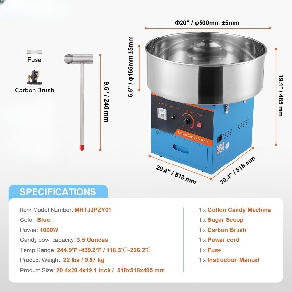 Máquina de Algodão Doce 1000W, Aço Inoxidável, para Festas (Azul)