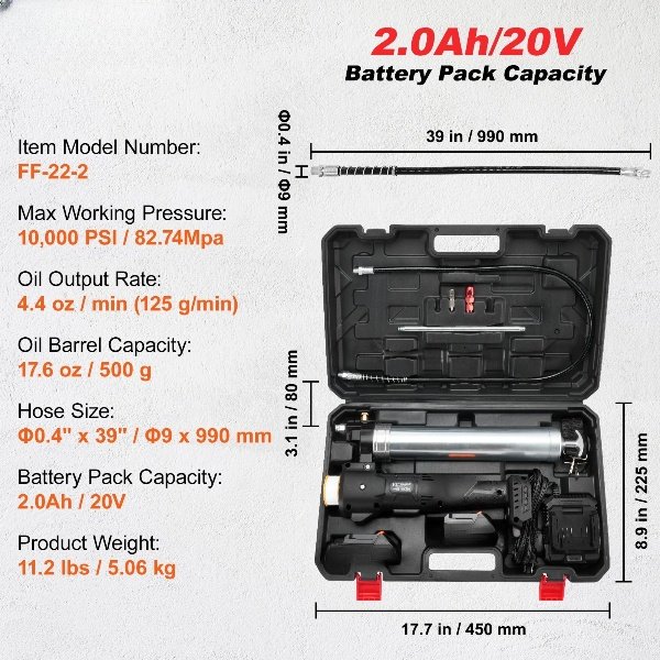 Pistola de Lubrificação 10.000 PSI, 125g/min, 2 baterias 2,0Ah, mangueira Φ9x990mm, carregador rápido. Universal.
