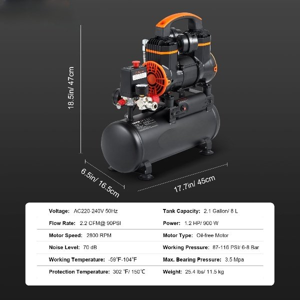 Compressor de ar 900W, sussurrante, sem óleo, 8L, 2800rpm.