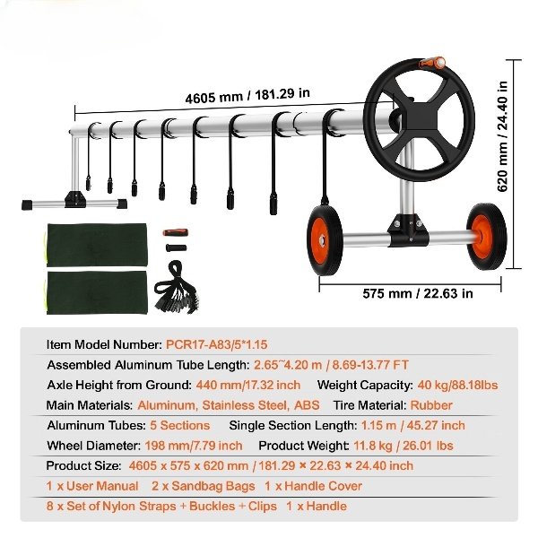 Reel de Alumínio para Capa de Piscina 4605x575x620mm, 5 Seções, Capacidade de 40kg.