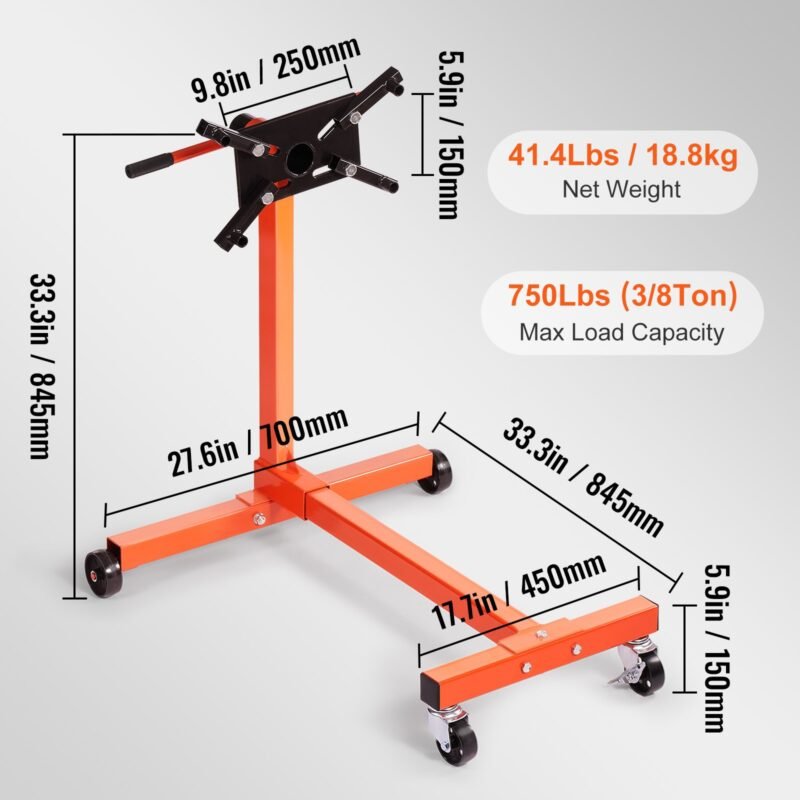 Suporte de Motor 340kg, com 4 rodas, alça de 508mm, jack móvel e guindaste para reparo de motor.