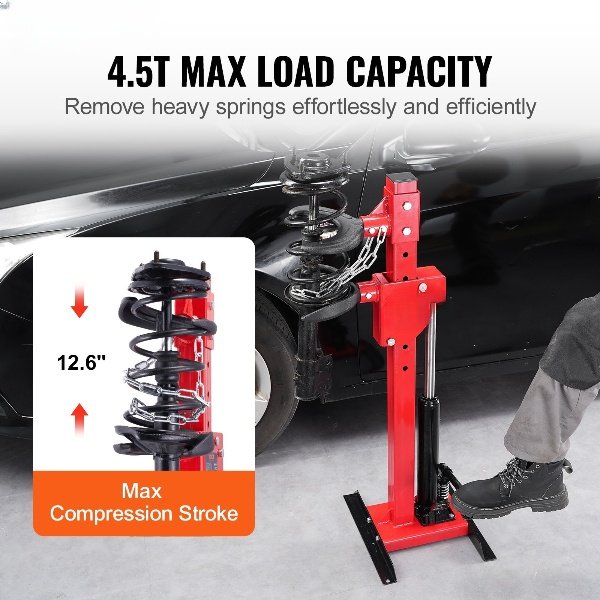 Tensionador de Molas Hidráulico 4,5T, pressão 1T, para molas 11-17 cm, com trava e bomba à prova de vazamentos.