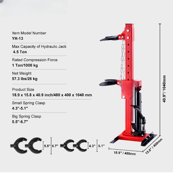 Tensionador de Molas Hidráulico 4,5T, pressão 1T, para molas 11-17 cm, com trava e bomba à prova de vazamentos.