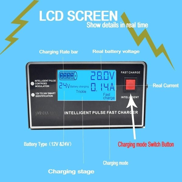 Carregador 12V/24V 10A 250W Pulso inteligente, detecção automática, com LCD