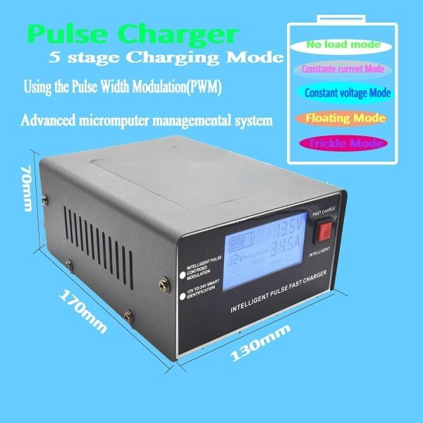 Carregador 12V/24V 10A 250W Pulso inteligente, detecção automática, com LCD