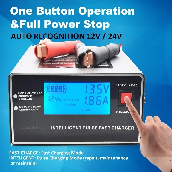 Carregador 12V/24V 10A 250W Pulso inteligente, detecção automática, com LCD