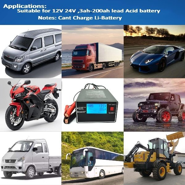 Carregador 12V/24V 10A 250W Pulso inteligente, detecção automática, com LCD